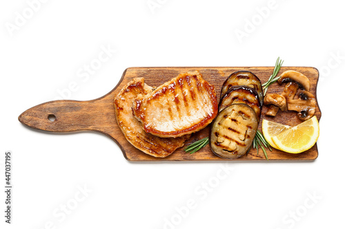 Wallpaper Mural Board with tasty grilled eggplant, mushrooms and steaks on white background Torontodigital.ca