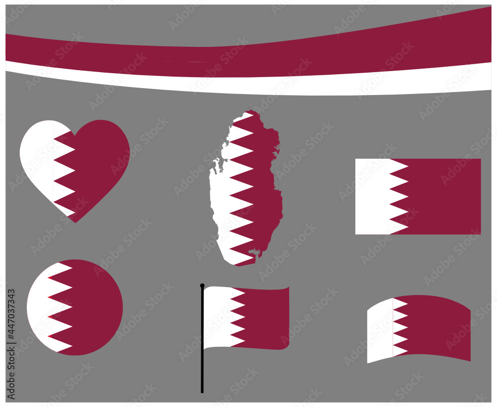 Obraz premium Qatar Flag Map Ribbon And Heart Icons Vector Illustration Abstract National Emblem Design Elements collection