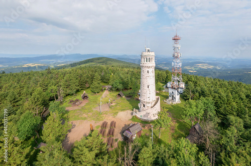 Aerial view of Wielka Sowa (Great Owl) - highest peak of the Owl Mountains in Central Sudetes, Poland photo