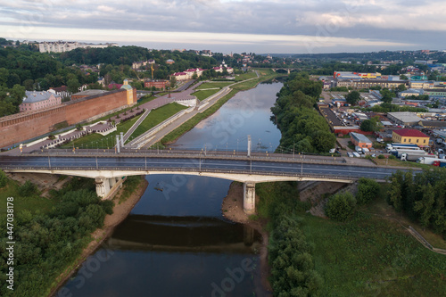 The Dnieper River in the cityscape on a July morning (aerial photography). Smolensk, Russia