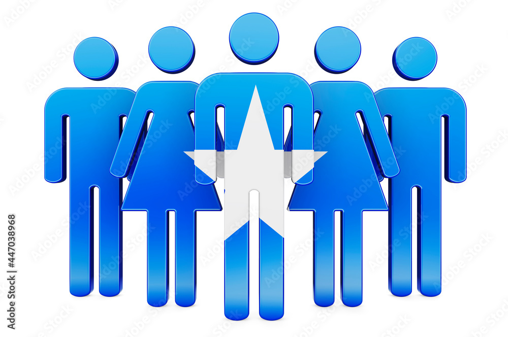 Stick figures with Somali flag. Social community and citizens of Somalia, 3D rendering Stick figures with Somali flag. Social community and citizens of Somalia, 3D rendering