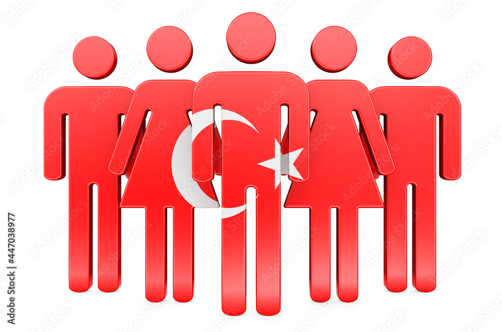 Stick figures with Turkish flag. Social community and citizens of Turkey, 3D rendering