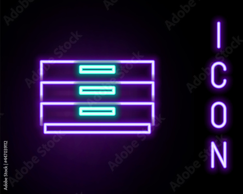 Glowing neon line Chest of drawers icon isolated on black background. Colorful outline concept. Vector