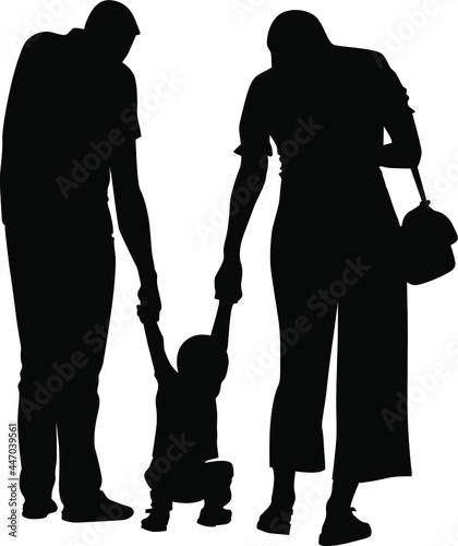 Black and white silhouette image of a walking family with a child vector illustration