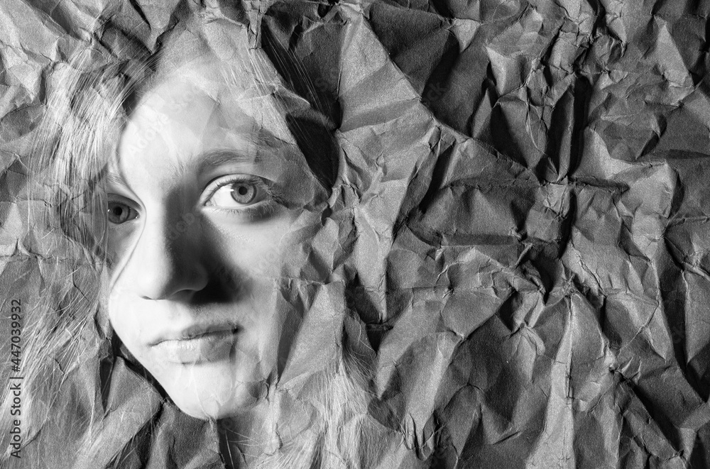 little-girl-and-old-paper-texture-black-and-white-art-portrait-stock