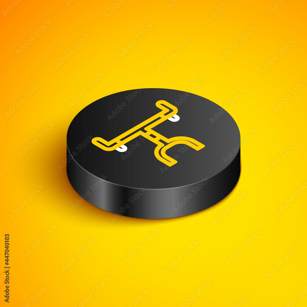 Isometric line Bicycle handlebar icon isolated on yellow background. Black circle button. Vector Isometric line Bicycle handlebar icon isolated on yellow background. Black circle button. Vector