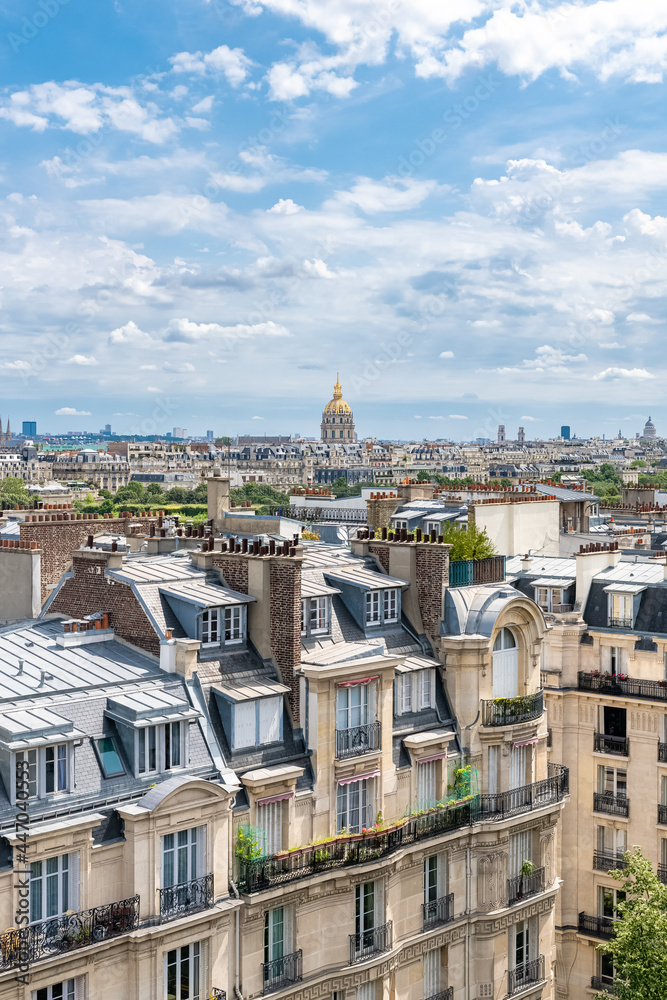 Paris, aerial view of the city, with the Invalides dome in background
