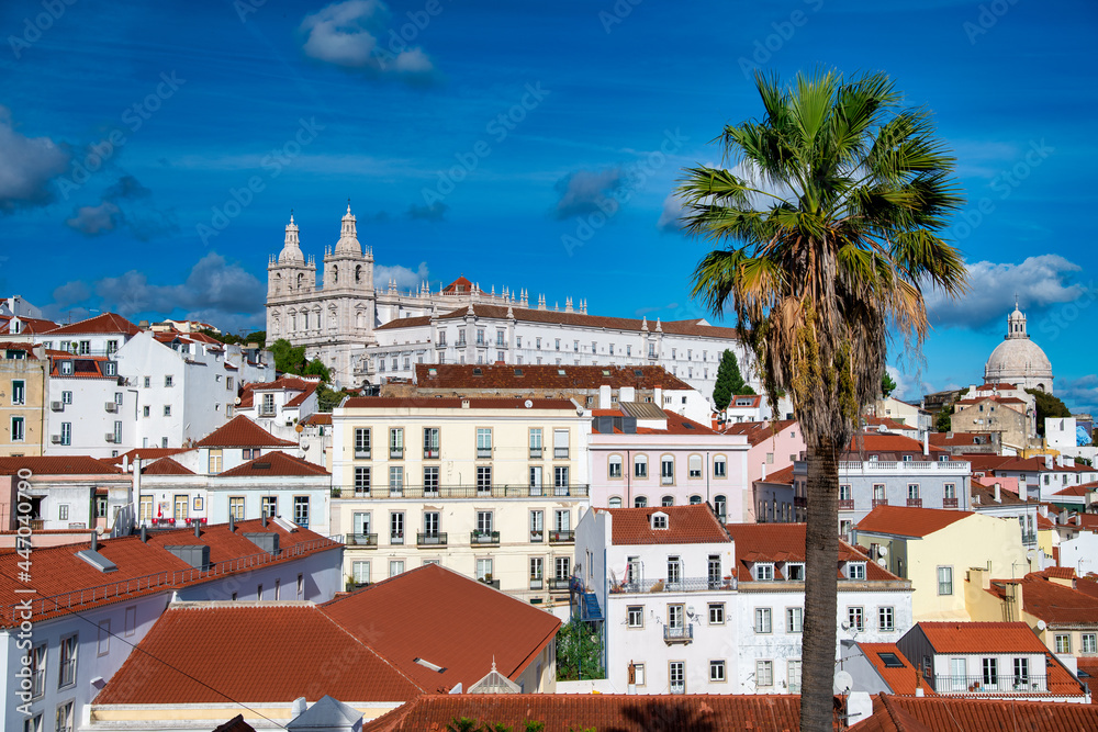 Aerial view of Lisbon skyline with old medieval buildings, Portugal