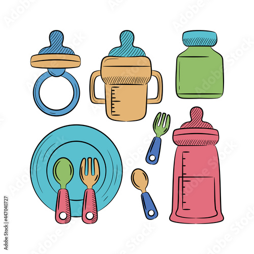 Feeding baby equipment, colored hand drawn sketching vector illustration