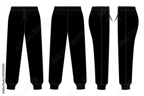 Black Tracksuit Pants Template on White Background. Front, Back and Side Views, Vector File.