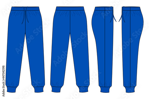 Blue Tracksuit Pants Template Vector On White Background.Front, Back and Side View.