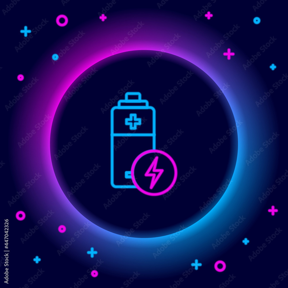 Glowing neon line Battery icon isolated on black background. Lightning bolt symbol. Colorful outline concept. Vector