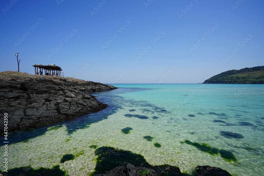 a beautiful seaside landscape with clear bluish water