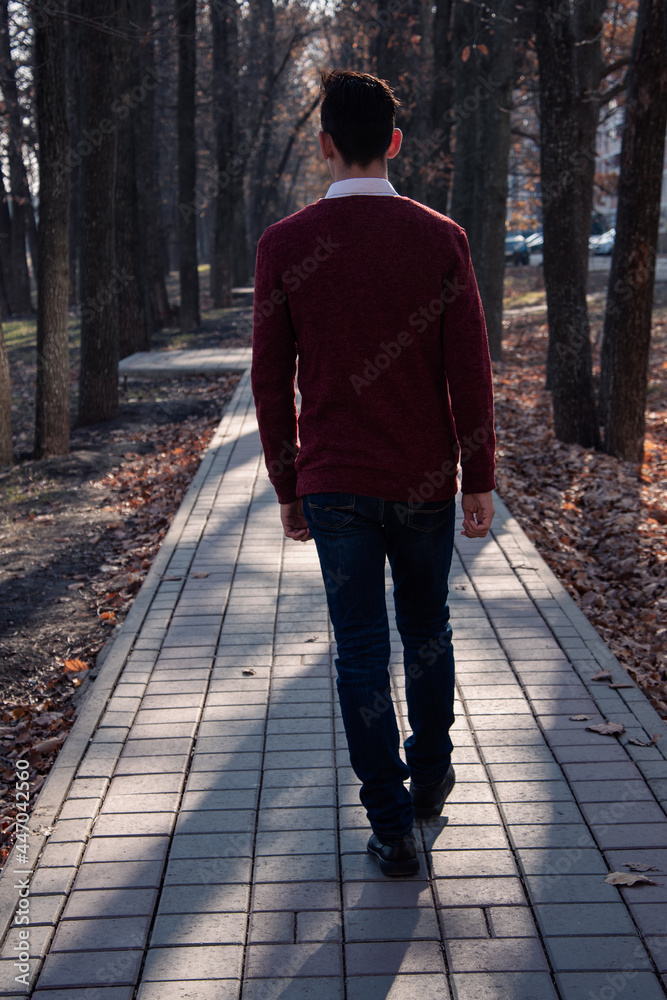 A young student walks along a path in autumn weather. Rest and relaxation in nature. A young student walks along a path in autumn weather. Rest and relaxation in nature.