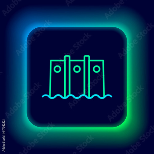 Glowing neon line Hydroelectric dam icon isolated on black background. Water energy plant. Hydropower. Hydroelectricity. Colorful outline concept. Vector