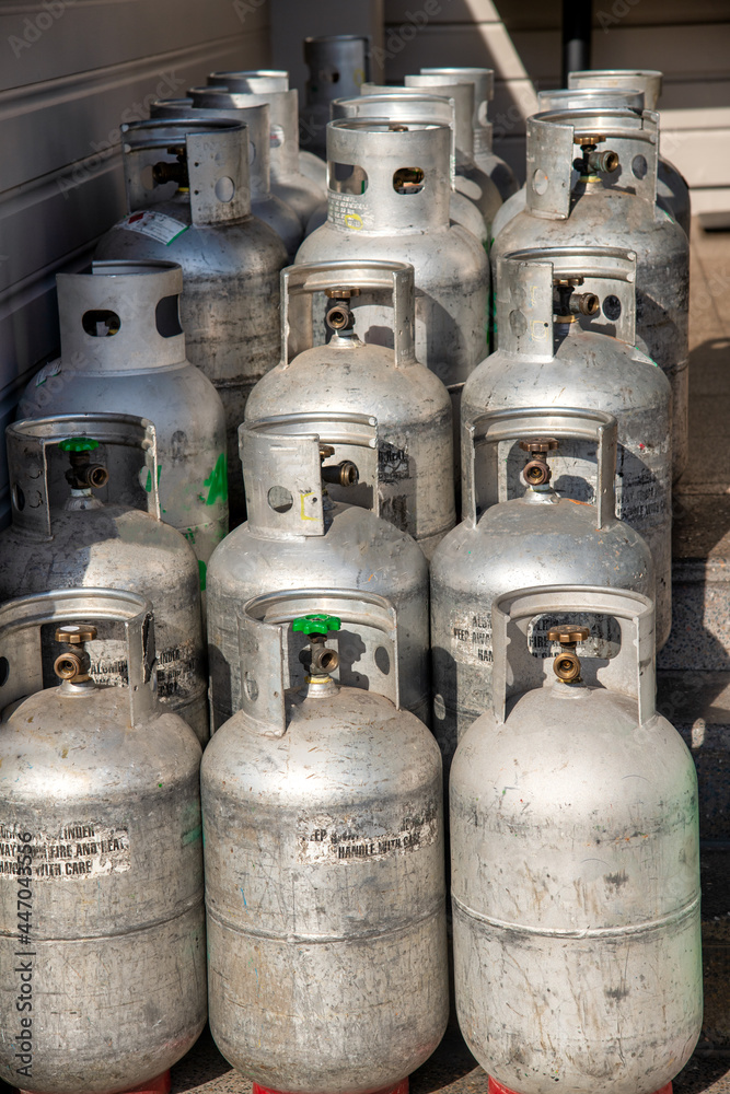 Gas cylinders in a warehouse. Danger concept. Gas cylinders in a warehouse. Danger concept.