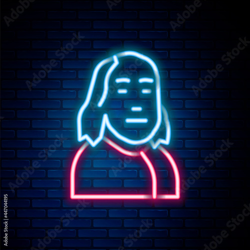 Glowing neon line Benjamin Franklin icon isolated on brick wall background. Colorful outline concept. Vector