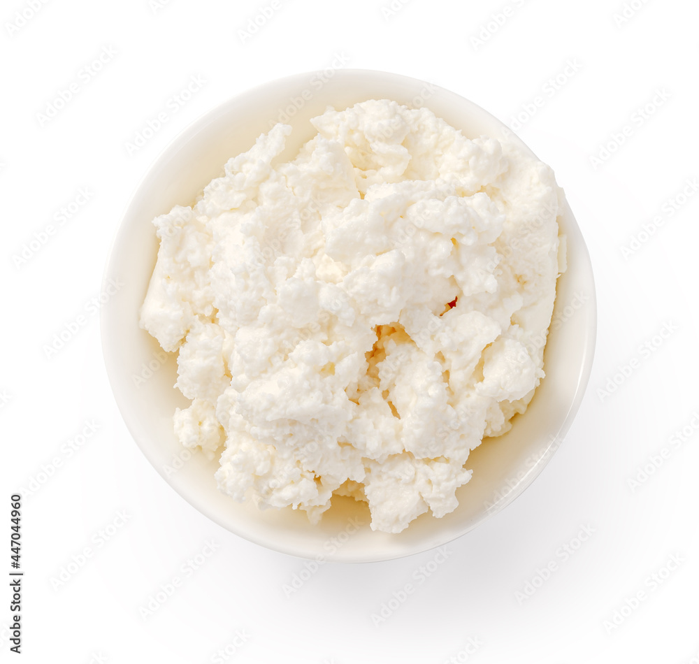 Fresh ricotta cheese in white bowl isolated. Ricotta soft cheese on white background. Cheese for package design. Fresh ricotta cheese in white bowl isolated. Ricotta soft cheese on white background. Cheese for package design.