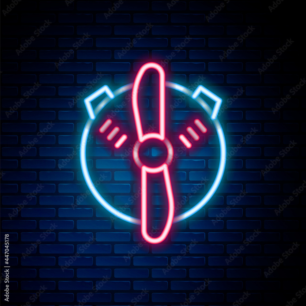 Glowing neon line Plane propeller icon isolated on brick wall background. Vintage aircraft propeller. Colorful outline concept. Vector Glowing neon line Plane propeller icon isolated on brick wall background. Vintage aircraft propeller. Colorful outline concept. Vector