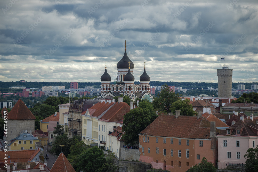 Orthodox Cathedral of Alexander Nevsky in the landscape of old Tallinn on a cloudy July day. Estonia