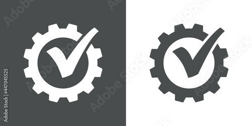 Maquinaría industrial. Logotipo engranaje con tilde aprobado en fondo gris y fondo blanco