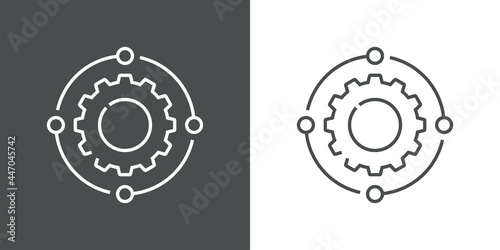 Tecnología electrónica. Engranaje con circuito digital girando con lineas en fondo gris y fondo blanco