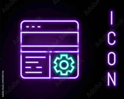 Glowing neon line Debugging icon isolated on black background. Debugging tool. Magnifying glass on bug programming. Testing and setting software. Colorful outline concept. Vector