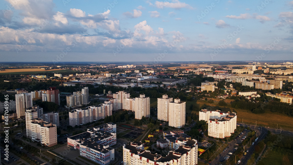 City block. Multi-storey buildings. City landscape at sunrise. Aerial photography.