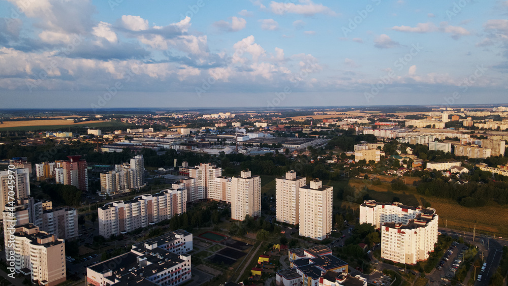 City block. Multi-storey buildings. City landscape at sunrise. Aerial photography. City block. Multi-storey buildings. City landscape at sunrise. Aerial photography.
