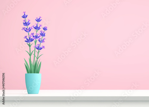 3D lavender flowers in blue pot on white shelf. Pink background with copy space