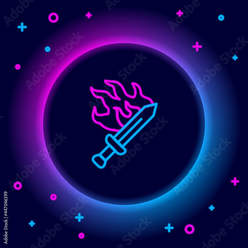 Glowing neon line Sword for game icon isolated on black background. Colorful outline concept. Vector