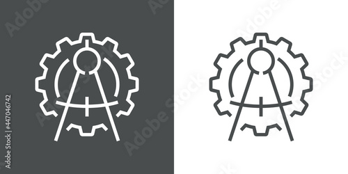 Icono plano engranaje con herramienta de dibujo compás separador con lineas en fondo gris y fondo blanco