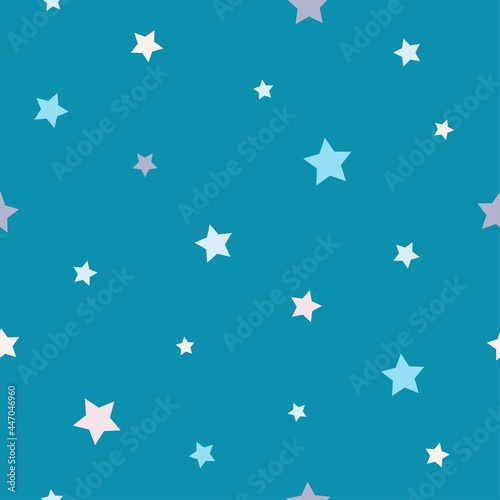 Seamless abstract pattern with stars of different size on dark blue background.