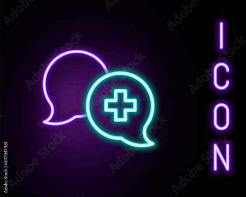 Glowing neon line Dialogue with the doctor icon isolated on black background. Doctor and patient dialog. Consulting about medical health services. Colorful outline concept. Vector