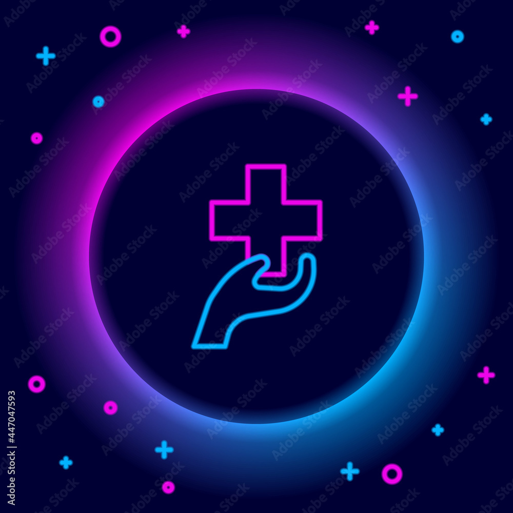 Obraz premium Glowing neon line Heart with a cross icon isolated on black background. First aid. Healthcare, medical and pharmacy sign. Colorful outline concept. Vector