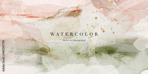 Watercolor art background vector. Wallpaper design with paint brush and gold line art. Earth tone brown, pink, ivory, beige watercolor Illustration for prints, wall art, cover and invitation cards.