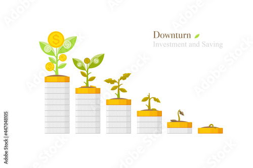 Withered trees money on gold and silver coins for the Economic downturn concept. About business and investment. Vector illustration
