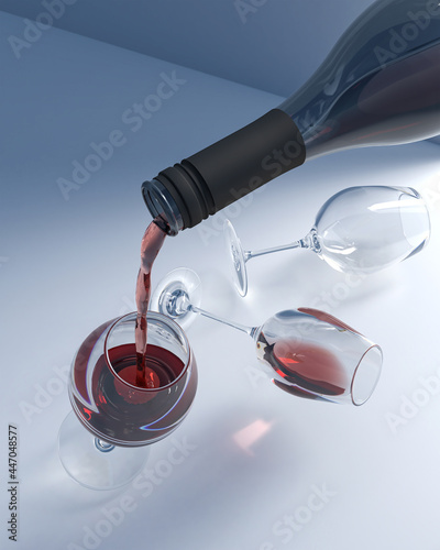 3D surreal illustration of pouring red wine from bottle into glassware.