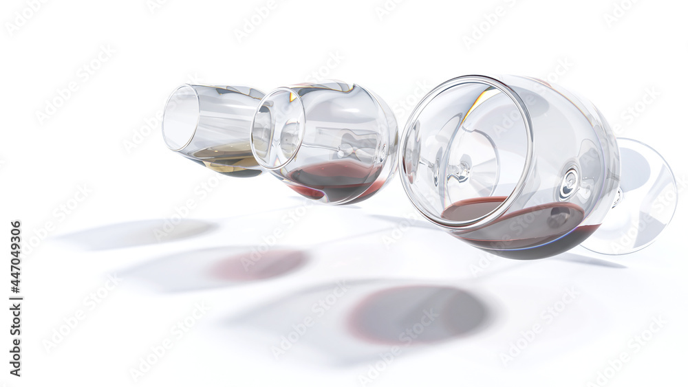 Three tilted wine glasses containing red white and rose casting shadows on white background. 3D surreal or abstract illustration. Three tilted wine glasses containing red white and rose casting shadows on white background. 3D surreal or abstract illustration.