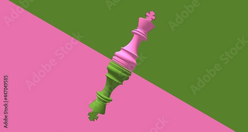 Chess king piece in opposite pink and green minimal background. 3D illustration of opposing dualism.