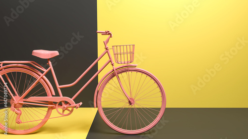 Fototapeta Naklejka Na Ścianę i Meble -  3D render of a pink bicycle on an abstract yellow and black background.