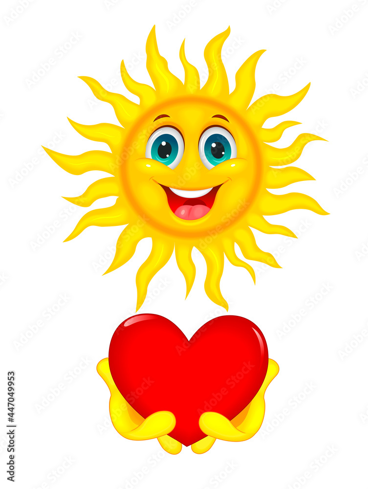 Sun with heart in hands. Smiling cartoon sun on a white background. The sun holds a red heart in its hands