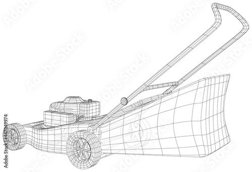 Petrol Lawn mower machine. Garden instrument. Technical illustration wire-frame. Vector rendering of 3d