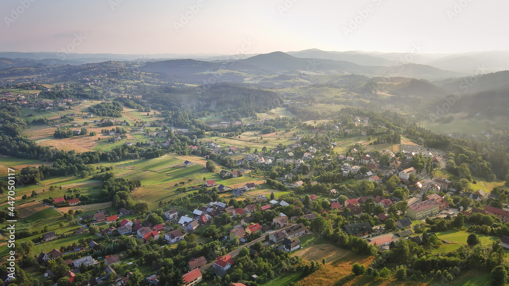 beskidy, Beskidzka śląski, dron, istebna, koniaków, gmina istebna, krajobraz, z lotu ptaka, zachód słońca w beskidach