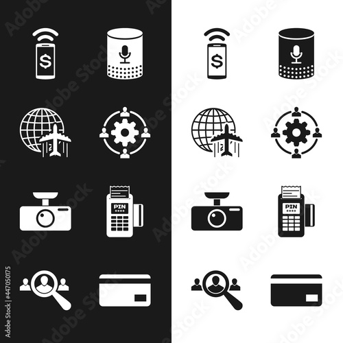 Set Outsourcing concept, Globe with flying plane, Contactless payment, Voice assistant, Car DVR and POS terminal icon. Vector