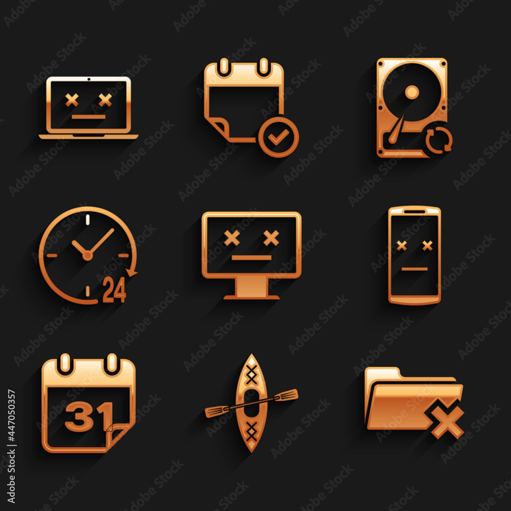 Set Dead monitor, Kayak and paddle, Delete folder, mobile, Calendar and Clock 24 hours icon. Vector Set Dead monitor, Kayak and paddle, Delete folder, mobile, Calendar and Clock 24 hours icon. Vector