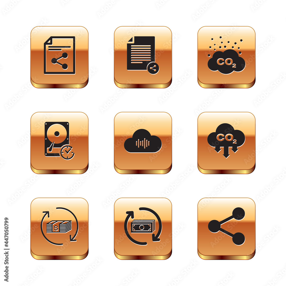 Set Share file, Refund money, , Music streaming service, Hard disk drive with clockwise and CO2 emissions cloud icon. Vector Set Share file, Refund money, , Music streaming service, Hard disk drive with clockwise and CO2 emissions cloud icon. Vector