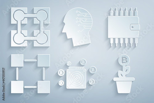 Set ASIC Miner, Cryptocurrency wallet, Blockchain technology, Bitcoin plant the pot, Brain as digital circuit board and icon. Vector
