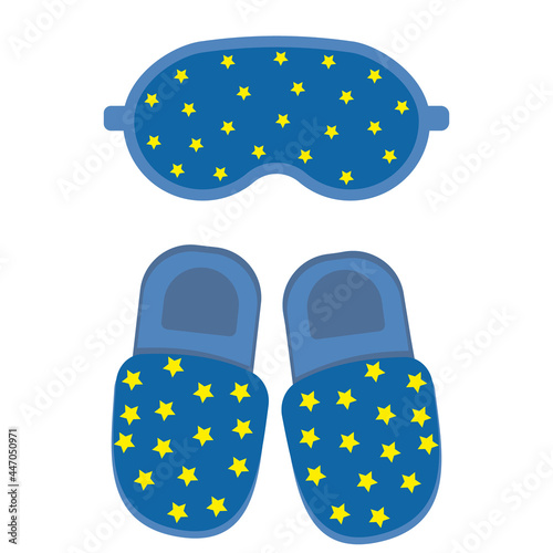Set of home slippers and a sleep mask with a pattern, color vector illustration