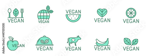 vegan line vector logo icons in two colors isolated on white background. vegan friendly green icon set for web design, ui, mobile apps and polygraphy
